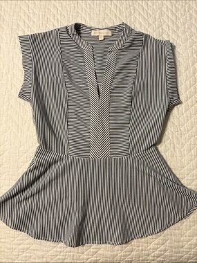 Monteau Black and White Vertical-Stripe Peplum Blouse
